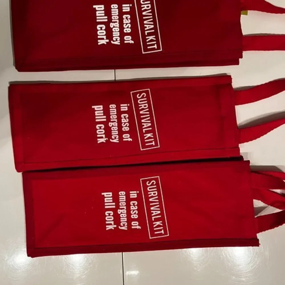 Wine Bags -Set of 3 Red Vanvas– “In Case of Emergency‎ Pull Cork” (New)